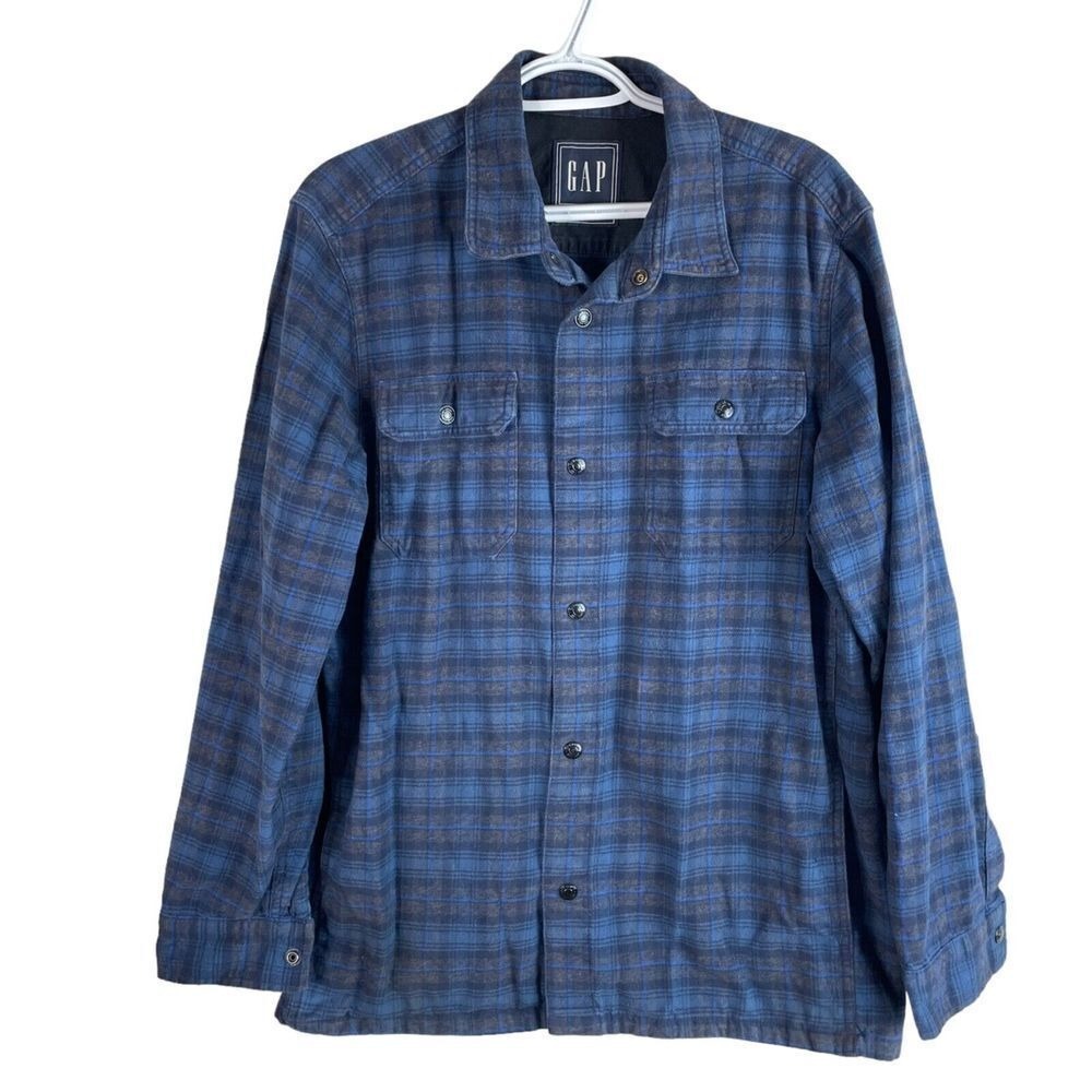 Gap Flannel Shirt Jacket Shacket Mens M Blue Plaid Snap Long Sleeve Cotton